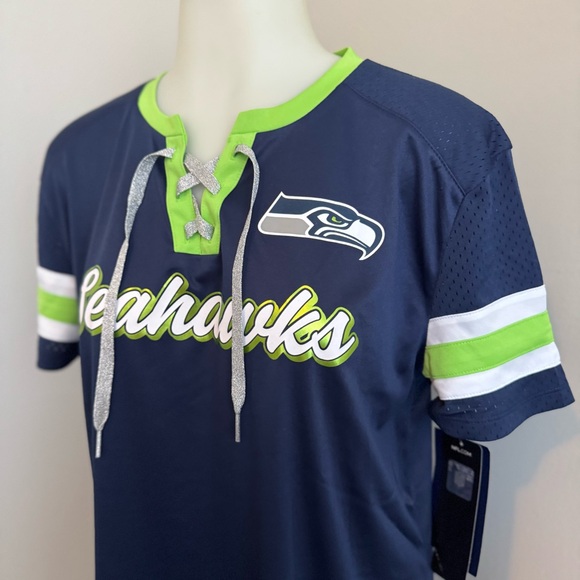 Seattle Seahawks Navy Blue and Green Lace Up Wilson Fanatics Jersey - Picture 7 of 9